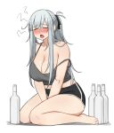  1girl absurdres ak-12_(girls&#039;_frontline) bangs barefoot black_shorts blush bottle braid breasts camisole cleavage closed_eyes drunk girls&#039;_frontline hair_between_eyes highres large_breasts long_hair midriff navel open_mouth samyukgoo369 short_shorts shorts silver_hair simple_background sitting solo white_background 