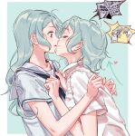  2girls absurdres aqua_background aqua_hair arrow_(symbol) bang_dream! blouse blue_neckwear border closed_eyes closed_mouth collared_shirt commentary_request green_eyes hands_on_another&#039;s_chest heart highres hikawa_hina hikawa_sayo incest inset kiss korean_commentary long_hair looking_at_another multiple_girls neckerchief parted_lips sailor_collar school_uniform serafuku shirt short_hair short_sleeves siblings simple_background sisters smile surprise_kiss surprised symbol_commentary twincest twins upper_body white_blouse white_border white_shirt x-ray yuri zihacheol 