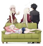  1boy 3girls angry apron black_hair cigarette cushion denim denim_shorts emiya_kiritsugu fate/kaleid_liner_prisma_illya fate_(series) irisviel_von_einzbern leysritt_(fate) lying multiple_girls official_art on_side sella_(fate) shorts shouting simple_background smoking white_hair 