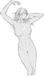  1girl abs arm_up bangs breasts byleth_(fire_emblem) byleth_(fire_emblem)_(female) closed_mouth completely_nude cropped_legs eyebrows_visible_through_hair fire_emblem fire_emblem:_three_houses greyscale highres ikarin large_breasts long_hair monochrome nude scar scar_on_chest simple_background solo toned 