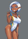  1girl blue_eyes breasts cleavage covered_navel dark-skinned_female dark_elf dark_skin elf erica_(naze1940) grey_background grin highres looking_at_viewer one-piece_swimsuit original pointy_ears short_hair silver_hair simple_background smile solo swimsuit white_swimsuit 