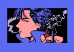  1boy black_background blue_border blue_eyes blue_hair border cigarette gun highres holding holding_gun holding_weapon looking_at_viewer minillustration original profile shadow short_hair smoke smoking solo weapon 