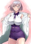  1girl absurdres bare_shoulders blue_eyes breasts brown_hair gridman_universe highres impossible_clothes jacket large_breasts looking_at_viewer machida-san medium_hair mujina necktie off_shoulder pink_background purple_corset purple_shorts shorts smile solo ssss.dynazenon undressing white_background white_jacket 
