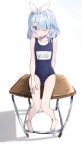  1girl absurdres arona_(blue_archive) bare_legs barefoot blue_archive blue_eyes blue_hair blush bow collarbone commentary_request cottone_(highjethoo) desk flat_chest full_body hair_bow highres school_desk school_uniform short_hair simple_background sitting solo white_background 