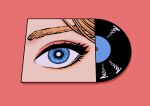  blue_eyes bright_pupils eyeshadow highres makeup minillustration no_humans original pink_background record record_jacket shadow simple_background white_pupils 