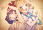  2girls :d absurdres arm_up bangs beanie blonde_hair blue_sailor_collar blush clenched_hand closed_eyes commentary_request eyelashes floating_hair floral_print gotcha! hat highres lillie_(pokemon) long_hair multiple_girls open_mouth pokemon pokemon_(game) pokemon_sm red_headwear sailor_collar selene_(pokemon) shirt short_sleeves smile t-shirt tongue upper_body upper_teeth white_shirt yellow_shirt yoshiyoshiwa |d 