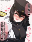  1boy 1girl admiral_(kancolle) akitsu_maru_(kancolle) arm_hug bangs black_hair blush breast_press breasts brown_eyes flying_sweatdrops gloves grey_background hair_between_eyes hat heart highres kantai_collection laco_soregashi large_breasts long_sleeves medium_hair military military_hat military_uniform nose_blush open_mouth simple_background solo_focus speech_bubble translation_request uniform upper_body white_gloves 