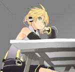  1boy arm_support bare_shoulders belt black_shorts black_sleeves blonde_hair cheek_rest d_futagosaikyou detached_sleeves from_below green_eyes grey_shirt harness headphones highres kagamine_len light_smile looking_at_viewer looking_to_the_side male_focus navel shirt short_ponytail shorts sleeveless sleeveless_shirt solo spiked_hair table vocaloid vocaloid_append 