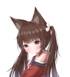  1girl :&lt; absurdres amagi-chan_(azur_lane) animal_ears armpit_peek azur_lane bangs blunt_bangs brown_hair commentary_request eyebrows_visible_through_hair fox_ears from_side highres long_hair looking_at_viewer looking_to_the_side n_(527959851) off-shoulder_kimono off_shoulder purple_eyes rope shimenawa sidelocks simple_background solo twintails white_background 