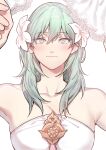  1girl bangs blush breasts byleth_(fire_emblem) byleth_(fire_emblem)_(female) cleavage dress eyebrows_visible_through_hair female_pov fire_emblem fire_emblem:_three_houses flower green_eyes green_hair hair_between_eyes hair_flower hair_ornament highres ikarin implied_yuri long_hair pov simple_background smile solo strapless strapless_dress upper_body wedding_dress white_background white_dress white_flower 