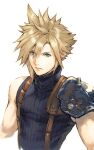  1boy armor blonde_hair blue_eyes closed_mouth cloud_strife earrings eyebrows_visible_through_hair eyes_visible_through_hair final_fantasy final_fantasy_vii gradient gradient_background hair_between_eyes highres jewelry makimura_shunsuke male_focus pauldrons screw shoulder_armor single_pauldron sketch solo spiked_hair stud_earrings turtleneck upper_body 