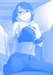  1girl blue_theme bra breast_focus breasts clothes_lift commentary expression_request eyebrows_visible_through_hair getsuyoubi_no_tawawa gym_storeroom gym_uniform highres himura_kiseki large_breasts lifted_by_self light_rays looking_at_viewer navel pants shaded_face shirt_lift side_ponytail smile solo underwear window 
