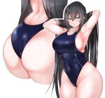  1girl arched_back armpits ass ass_focus bare_back black_hair blue_swimsuit breasts character_request commentary commentary_request covered_navel curvy green_eyes highres large_breasts long_hair one-piece_swimsuit parted_lips sideboob swimsuit thick_thighs thighs uzura_kazuhisa very_long_hair 