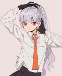  1girl alternate_hairstyle bangs black_gloves black_skirt collared_shirt cowboy_shot danganronpa:_trigger_happy_havoc danganronpa_(series) gloves grey_background hand_in_hair hands_up highres kirigiri_kyouko long_hair long_sleeves looking_at_viewer necktie orange_neckwear overine19 ponytail purple_eyes purple_hair shirt simple_background skirt solo untucked_shirt 