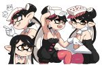  +_+ 1girl arm_up armpits bare_shoulders black_hair black_jumpsuit breasts brown_eyes callie_(splatoon) chansey cleavage detached_collar gen_1_pokemon gloves jigglypuff long_hair medium_breasts multiple_views open_mouth pantyhose parted_lips pointy_ears pokemon purple_legwear shadow short_jumpsuit simple_background smile splatoon_(series) strapless_jumpsuit very_long_hair white_background white_gloves yuta_agc 