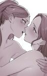 2girls blush braid breath dorothea_arnault facial_mark fire_emblem fire_emblem:_three_houses greyscale highres ikarin imminent_kiss long_hair monochrome multiple_girls nude parted_lips petra_macneary ponytail profile simple_background sweat upper_body yuri 