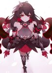  1girl antenna_hair bangs bare_shoulders full_body gloves hair_between_eyes hair_ornament honkai_(series) honkai_impact_3rd long_hair looking_at_viewer outstretched_arms qingxiao_kiyokiyo red_eyes red_gloves red_hair seele_(alter_ego) seele_vollerei seele_vollerei_(starchasm_nyx) solo walking white_background 