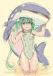  2girls =_= aqua_eyes aqua_hair chibi_miku_(mayo_riyo) commentary hands_up hatsune_miku holding holding_toy inflatable_dolphin inflatable_toy long_hair mayo_riyo multiple_girls one-piece_swimsuit seiza sepia sitting sketch smile swimsuit thigh_gap toy twintails v very_long_hair vocaloid white_swimsuit yellow_background 