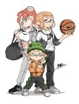 1girl 2boys basketball black_bag black_pants breasts drawstring full_body green_eyes grey_jacket grey_pants inkling jacket large_breasts looking_at_viewer midriff multiple_boys nike octarian octoling orange_eyes orange_hair orange_jacket pants pointy_ears print_shirt red_hair shirt signature simple_background smile splatoon_(series) standing suction_cups tentacle_hair white_background yuta_agc 