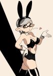 +_+ 1girl animal_ears black_legwear breasts brown_eyes bunny_ears cleavage domino_mask gloves halftone hand_on_hip hand_up heart highres looking_at_viewer marie_(splatoon) mask medium_breasts mole mole_under_eye navel pointy_ears skindentation solo splatoon_(series) thighhighs white_gloves yuta_agc 