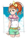  1girl belt blue_background border bow breasts bright_pupils closed_mouth covered_navel cowboy_shot cropped_legs dekosukentr green_eyes green_shorts hair_bow highres natsuumi_manatsu off-shoulder_shirt off_shoulder orange_belt orange_hair outside_border precure shirt shorts side_ponytail small_breasts solo tropical-rouge!_precure white_border white_pupils white_shirt yellow_bow 