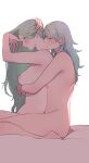  2girls bangs blush breasts breasts_on_back byleth_(fire_emblem) byleth_(fire_emblem)_(female) closed_eyes completely_nude fire_emblem fire_emblem:_three_houses from_side green_hair hands_in_hair highres hug hug_from_behind ikarin kiss large_breasts long_hair multiple_girls neck_kiss nipples nude parted_lips rhea_(fire_emblem) simple_background sitting white_background yuri 