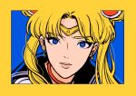  1girl bangs bishoujo_senshi_sailor_moon blonde_hair blue_eyes blue_sailor_collar bright_pupils choker crescent crescent_earrings derivative_work diadem earrings eyebrows_visible_through_hair heart heart_choker jewelry long_hair looking_at_viewer minillustration parted_bangs parted_lips portrait red_choker sailor_collar sailor_moon sailor_moon_redraw_challenge screencap_redraw smile solo tsukino_usagi twintails white_pupils 