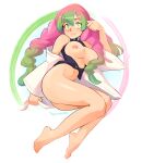  1girl arm_up bangs bare_shoulders barefoot bottomless breastless_clothes breasts breasts_outside closed_mouth commentary full_body gradient_hair green_eyes green_hair hair_between_eyes haori highres japanese_clothes kanroji_mitsuri kimetsu_no_yaiba large_breasts long_sleeves looking_at_viewer mole mole_under_eye multicolored_hair navel nipples off_shoulder pink_hair signature simple_background smile solo squeezable_(artist) two-tone_hair white_background 