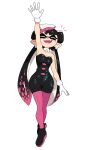  1girl arm_up bare_shoulders black_footwear black_hair black_jumpsuit callie_(splatoon) closed_eyes domino_mask food food_on_head gloves highres long_hair mask mole mole_under_eye object_on_head open_mouth pantyhose pointy_ears purple_legwear shoes short_jumpsuit simple_background smile solo splatoon_(series) strapless_jumpsuit twintails very_long_hair white_background white_gloves yuta_agc 