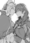  2girls bangs byleth_(fire_emblem) byleth_(fire_emblem)_(female) eyebrows_visible_through_hair fire_emblem fire_emblem:_three_houses flower greyscale hair_between_eyes hair_flower hair_ornament headdress highres ikarin long_hair looking_at_another medium_hair monochrome multiple_girls parted_lips rhea_(fire_emblem) simple_background sketch tassel tears upper_body 