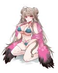  1girl absurdres arched_back azur_lane between_legs bikini blue_bikini braid braided_bun breasts cleavage curvy double_bun eyebrows_visible_through_hair formidable_(azur_lane) formidable_(the_lady_of_the_beach)_(azur_lane) fur-trimmed_sleeves fur_trim hand_between_legs highres kive large_breasts looking_at_viewer navel plump red_eyes simple_background single_thighhigh sitting skin_tight skindentation solo strap swimsuit thick_thighs thighhighs thighs twin_braids underboob undersized_clothes white_hair white_legwear 
