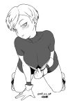  1girl blush bodysuit breasts cheelai cleavage commentary_request dated dragon_ball dragon_ball_super dragon_ball_super_broly gloves greyscale large_breasts looking_at_viewer monochrome short_hair signature simple_background smile solo tsukudani_(coke-buta) white_background 