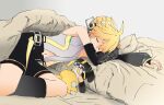  1boy bare_shoulders bed black_legwear black_shorts black_sleeves blonde_hair character_doll clothing_cutout comforter commentary d_futagosaikyou detached_sleeves headphones highres kagamine_len kagamine_len_(append) leg_warmers lying male_focus navel on_side pillow shirt shorts sleeveless sleeveless_shirt solo spiked_hair stomach_cutout vocaloid vocaloid_append white_shirt 