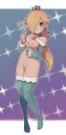  1girl bar_censor bare_shoulders blonde_hair blonde_pubic_hair blue_eyes breasts censored choker cleavage closed_mouth collarbone commentary crown detached_sleeves earrings eyebrows_visible_through_hair full_body hair_over_one_eye highres holding holding_wand jewelry lamb-oic029 long_hair looking_at_viewer mario_(series) medium_breasts navel nipples rosalina solo star_(symbol) star_earrings super_mario_galaxy wand 