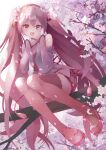  1girl bare_shoulders cherry_blossoms commentary detached_sleeves falling_petals flower full_body hair_flower hair_ornament hands_together hatsune_miku highres long_hair looking_at_viewer miniskirt necktie open_mouth petals pink_eyes pink_flower pink_hair pink_legwear pink_neckwear pink_skirt pink_sleeves pink_theme pleated_skirt romaji_commentary sakura_miku shirt sitting_on_branch skirt sleeveless sleeveless_shirt smile solo takepon1123 tassel thighhighs tree twintails very_long_hair vocaloid white_shirt zettai_ryouiki 