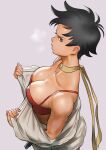  1girl black_hair breasts breath choker cleavage dougi from_side heavy_breathing hot karate_gi kaze_fukeba_nanashi makoto_(street_fighter) medium_breasts off_shoulder red_sports_bra ribbon_choker short_hair solo sports_bra street_fighter tomboy undressing yellow_choker 