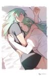  2girls bangs bed black_shirt black_shorts blush border breasts byleth_(fire_emblem) byleth_(fire_emblem)_(female) closed_eyes closed_mouth cuddling dress fire_emblem fire_emblem:_three_houses green_eyes green_hair highres hug ikarin jewelry long_hair long_sleeves lying multiple_girls on_bed on_side parted_lips pillow pointy_ears rhea_(fire_emblem) ring shirt shorts sleeping wedding_band white_dress yuri 