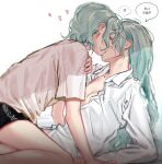  2girls absurdres aqua_hair bang_dream! black_shorts breasts closed_eyes collared_shirt commentary_request from_side girl_on_top hand_on_another&#039;s_shoulder highres hikawa_hina hikawa_sayo incest kiss kneeling korean_commentary korean_text long_hair long_sleeves multiple_girls open_clothes open_shirt shirt short_hair short_shorts short_sleeves shorts siblings simple_background sisters small_breasts speech_bubble sweat t-shirt translation_request twincest twins white_background white_shirt yuri zihacheol 
