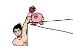  1boy black_hair blue_eyes brown_hair fingerless_gloves gloves hanny_(uirusu_chan) highres kazuya_drops_kirby_off_a_cliff kirby kirby_(series) male_focus mishima_kazuya muscular red_eyes scar shirtless short_hair smile super_smash_bros. tekken thick_eyebrows volcano 