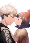  1boy 1girl absurdres beanie black_hair black_jacket blush closed_eyes commentary_request eyelashes eyewear_on_head from_side grey_eyes guzma_(pokemon) hand_on_another&#039;s_shoulder hat highres jacket kiss looking_at_another multicolored_hair nose_kiss pokemon pokemon_(game) pokemon_sm red_headwear selene_(pokemon) shiny shiny_hair shirt short_sleeves sunglasses t-shirt team_skull two-tone_hair undercut upper_body white_background white_hair yellow-framed_eyewear yellow_shirt yoshiyoshiwa 