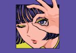  1girl bangs blunt_bangs border closed_eyes eyebrows_visible_through_hair green_background hand_up highres looking_at_viewer minillustration mole mole_under_eye one_eye_closed original portrait purple_border purple_eyes simple_background solo 