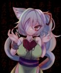  1girl absurdres animal_ears artist_name background_text bandage_on_face bandage_over_one_eye bandaged_arm bandages blood bloody_tears breasts cat_ears hetima0112 highres one_eye_closed original sleeveless tail translation_request white_hair yandere yellow_eyes 
