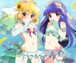  2girls absurdres blonde_hair bow breasts bridal_gauntlets bridal_lingerie flower furude_rika garter_straps gloves hair_flower hair_ornament highres higurashi_no_naku_koro_ni houjou_satoko lingerie long_hair mashimaro_tabetai multiple_girls navel purple_eyes purple_hair short_hair small_breasts thighhighs underwear veil 