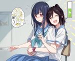  2girls :d bangs blue_hair blue_neckwear blue_sailor_collar blue_skirt blush brown_hair chair closed_eyes closed_mouth hands_up hibike!_euphonium hug hug_from_behind kasaki_nozomi kitauji_high_school_uniform liz_to_aoi_tori long_hair multiple_girls neckerchief open_mouth pleated_skirt ponytail sailor_collar school_uniform serafuku shirt short_sleeves sitting sitting_on_lap sitting_on_person skirt smile thought_bubble watch white_shirt yoroizuka_mizore yuuyu_(777) 