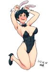  1girl ahoge animal_ears areola_slip areolae armpit_hair armpits arms_up bare_legs black_footwear black_hair black_leotard blue_eyes blush bow bowtie breasts bunny_ears bunny_pose covered_abs covered_nipples dated detached_collar fake_animal_ears female_pubic_hair fingernails full-face_blush full_body high_heels highleg highleg_leotard jumping knees_together_feet_apart leotard makoto_(street_fighter) medium_breasts playboy_bunny pubic_hair pubic_hair_peek short_hair solo strapless strapless_leotard street_fighter street_fighter_iii_(series) sweatdrop thick_thighs thighs tsukudani_(coke-buta) white_background wrist_cuffs 
