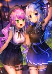  2girls :d absurdres amane_kanata angel_wings arm_up armpits beret blue_hair casual cellphone colored_inner_hair demon_tail ear_piercing fingerless_gloves gloves green_eyes hair_ornament hairclip hat highres hololive huge_filesize long_hair low_twintails multicolored_hair multiple_girls open_mouth phone piercing purple_eyes purple_hair sakamiya_tsuto silver_hair single_thighhigh skirt smile suspender_skirt suspenders tail thigh_tattoo thighhighs tokoyami_towa twintails two-tone_hair two_side_up v virtual_youtuber wings 