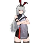 1girl animal_ears asymmetrical_sleeves bunny_ears charolic_(girls&#039;_frontline_2) crossed_arms detached_sleeves fake_animal_ears game_cg girls&#039;_frontline girls&#039;_frontline_2:_exilium grey_hair long_hair looking_at_viewer official_art orange_eyes skirt solo thighhighs third-party_source white_background 