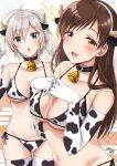  2girls ahoge anastasia_(idolmaster) animal_ears animal_print aqua_eyes bangs bell blush breasts brown_eyes brown_hair cow_ears cow_horns cow_print eyebrows_visible_through_hair finger_gun gen_(enji) gloves hair_between_eyes highres horns idolmaster idolmaster_cinderella_girls long_hair medium_breasts multiple_girls navel neck_bell nitta_minami short_hair silver_hair sleeved_gloves swimsuit thighhighs 