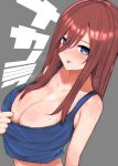  1girl :p bangs blue_eyes blush breasts brown_hair cleavage go-toubun_no_hanayome hair_between_eyes large_breasts long_hair looking_at_viewer nabeshiki_(nabeyashiki) nakano_miku simple_background sleeveless solo sweat tank_top tongue tongue_out 