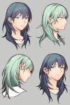  1girl bangs blue_eyes blue_hair blush byleth_(fire_emblem) byleth_(fire_emblem)_(female) closed_mouth cropped_shoulders eyebrows_visible_through_hair fire_emblem fire_emblem:_three_houses green_eyes green_hair grey_background highres ikarin medium_hair multiple_views parted_lips simple_background 